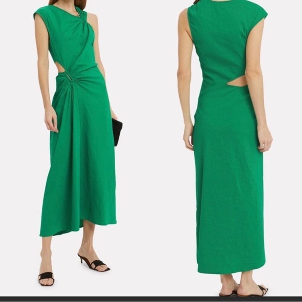 A.L.C. Beale Solid Green Cap Sleeve Asymmetric Linen Blend Midi Dress Size 0